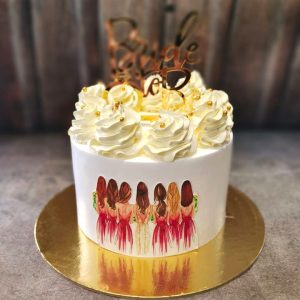 Bride with bridesmaid cake