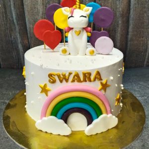 Unicorn with rainbow cake